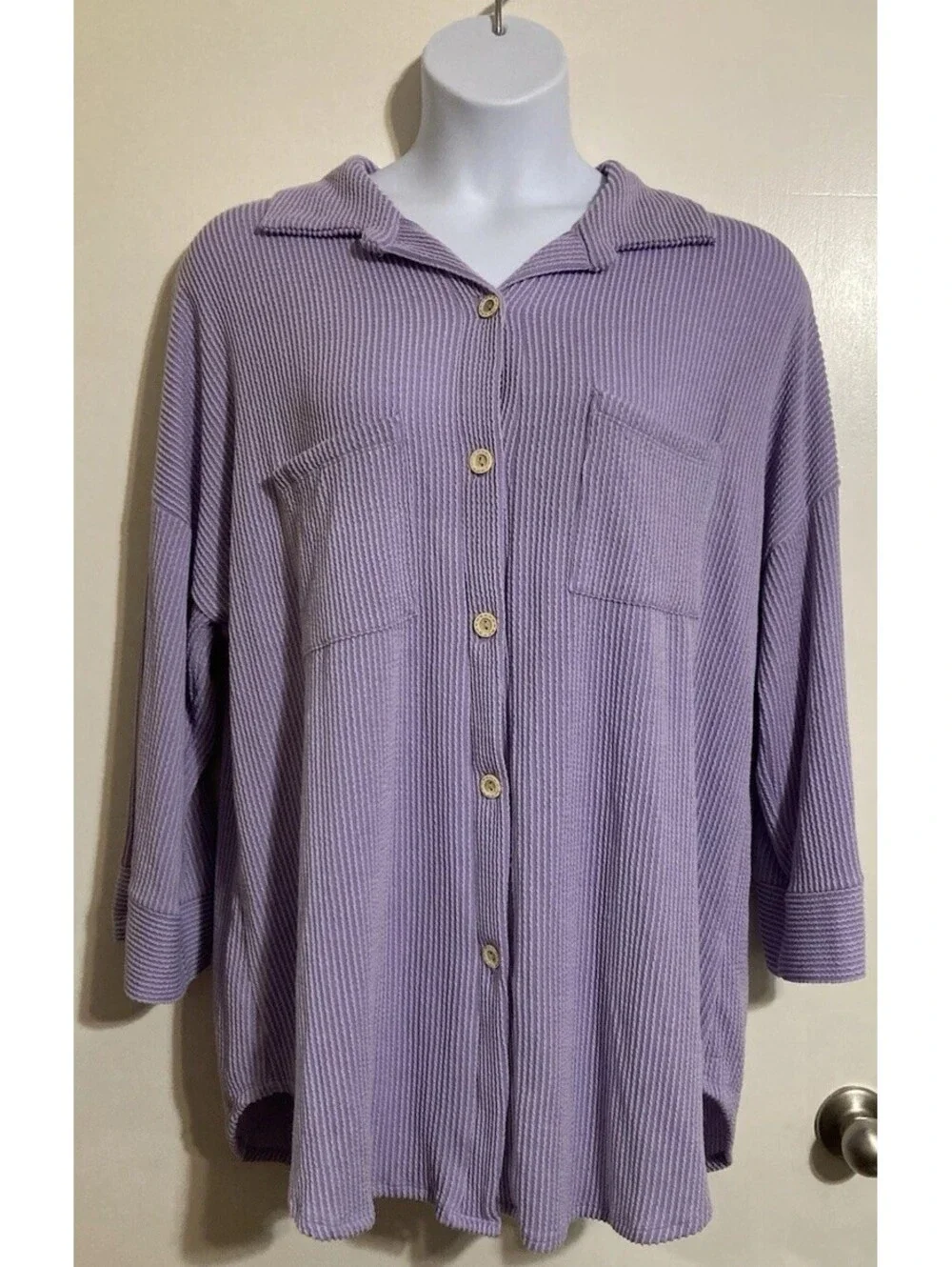 Women Lovely Melody Purple 3/4 Sleeve Button Up Polyester Blend Top Sz 2XL